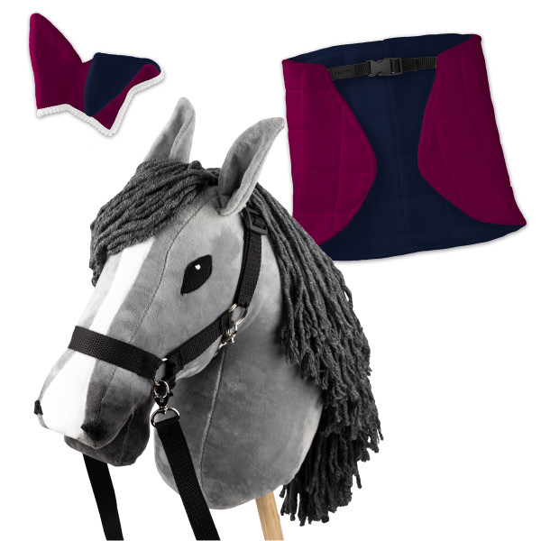 Zestaw Skippi - Hobby Horse Szary - Derka i nauszniki - fuksja i granat