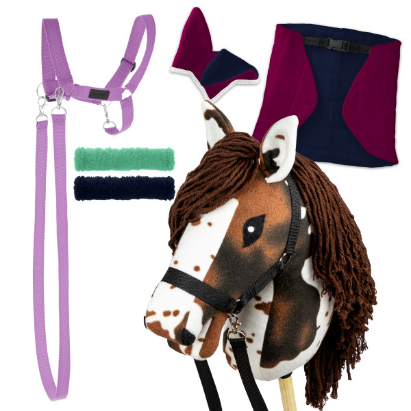 Zestaw Skippi - Hobby Horse Gniado - srokaty - Derka fuksja -Kantar lawenda